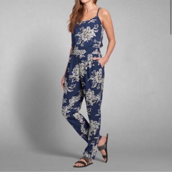 Abercrombie & Fitch Floral Blue Strappy Jumpsuit- Size Small - Picture 1 of 8
